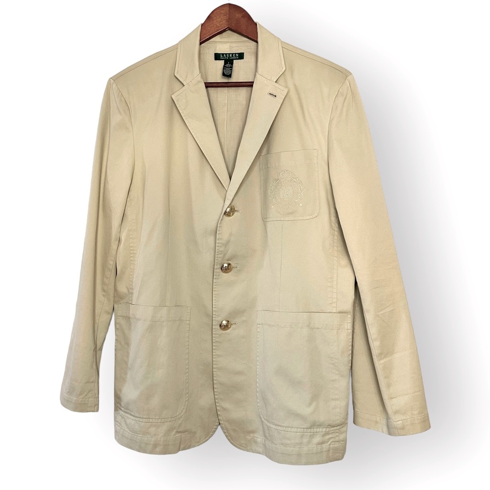 Sold-LRL Beige Blazer Jacket Embroidered Crest Logo Gold Buttons Mens L - Picture 2 of 10